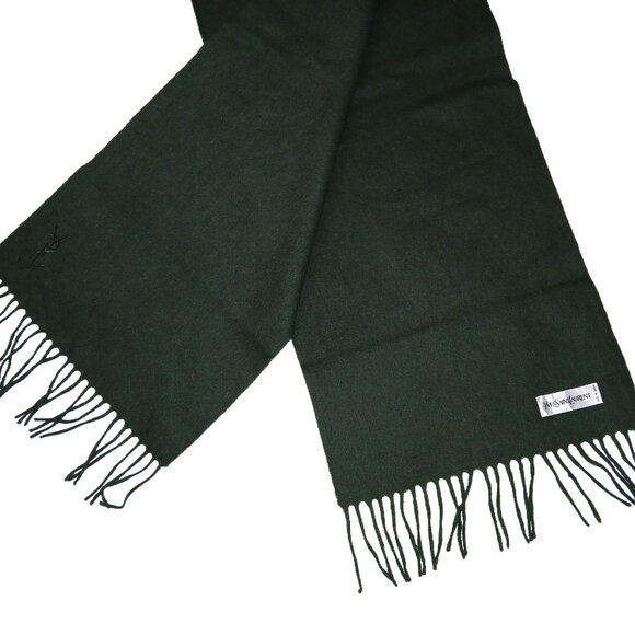Yves Saint Laurent YSL Forest Green Embroidered Wool Fringed Scarf Pre-Owned - Picture 3 of 8